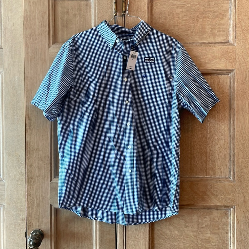 NWT Chaps Navy and White Plaid Short-sleeved Shirt, Size XL